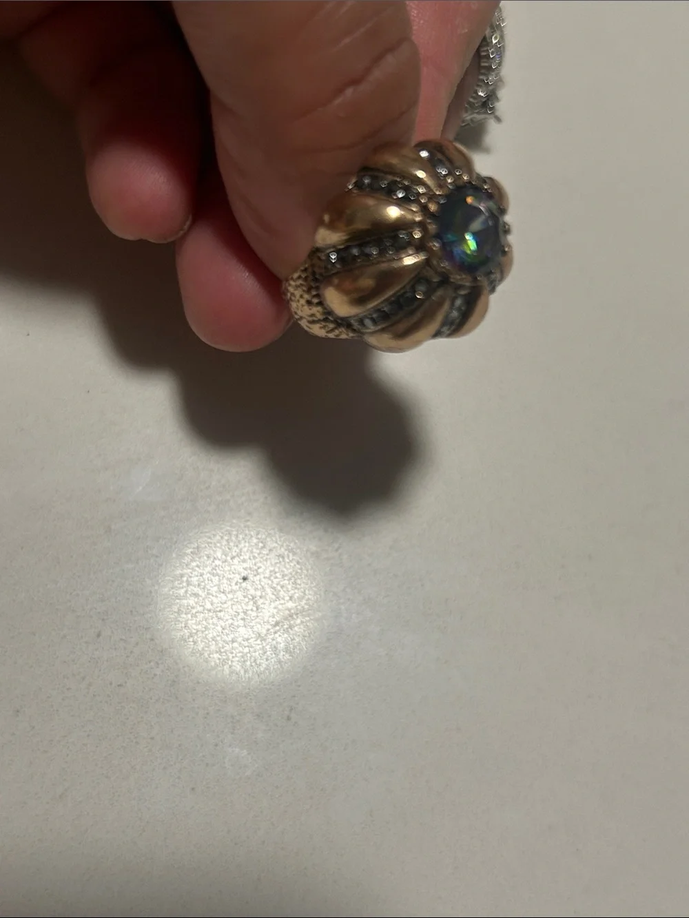 Vintage Gold-Bronze Tone Dome Ring with Blue Center Stone Adjustable